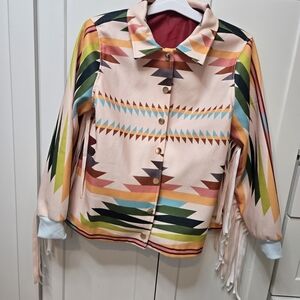 Unbranded Colorful Geometric Aztec Southwest Women's Jacket Xl Pink Fringe Lined